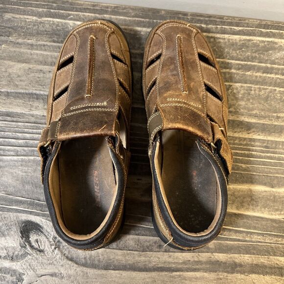 Skechers Mens Size 8 Brown Leather Adjustable Slip On Closed Toe Brown Sandal - Picture 4 of 8